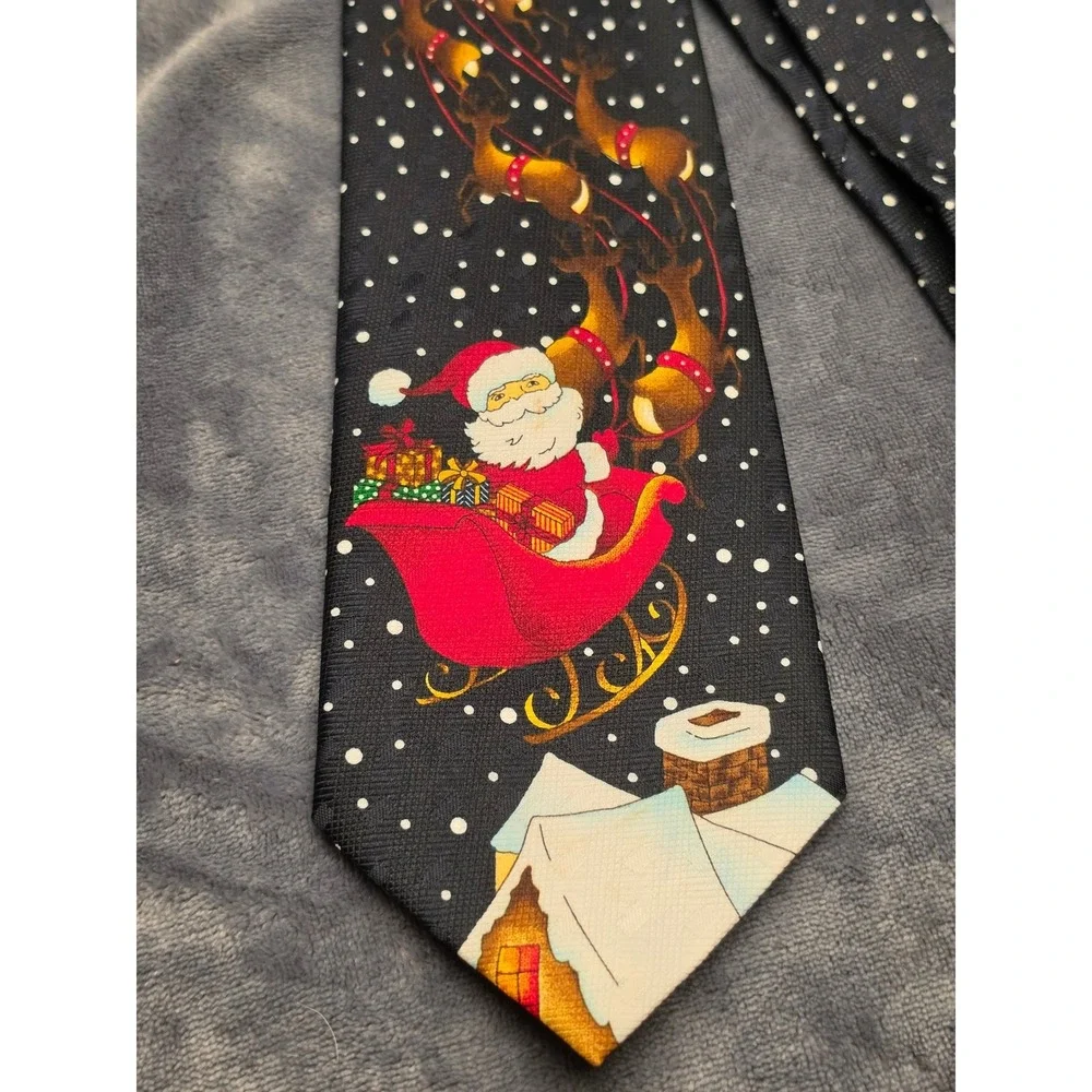 Rene Chagal Mens Christmas Tie Santa Reindeer Polka Dot Black Novelty Handmade